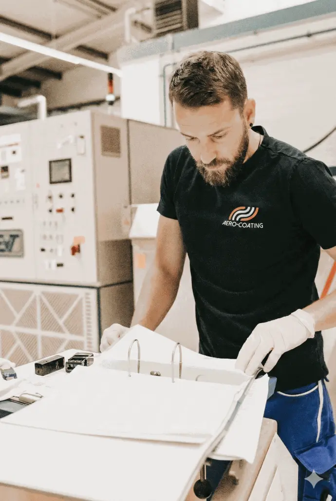 Mitarbeiter von AERO-COATING prüft Unterlagen an einer Produktionsanlage